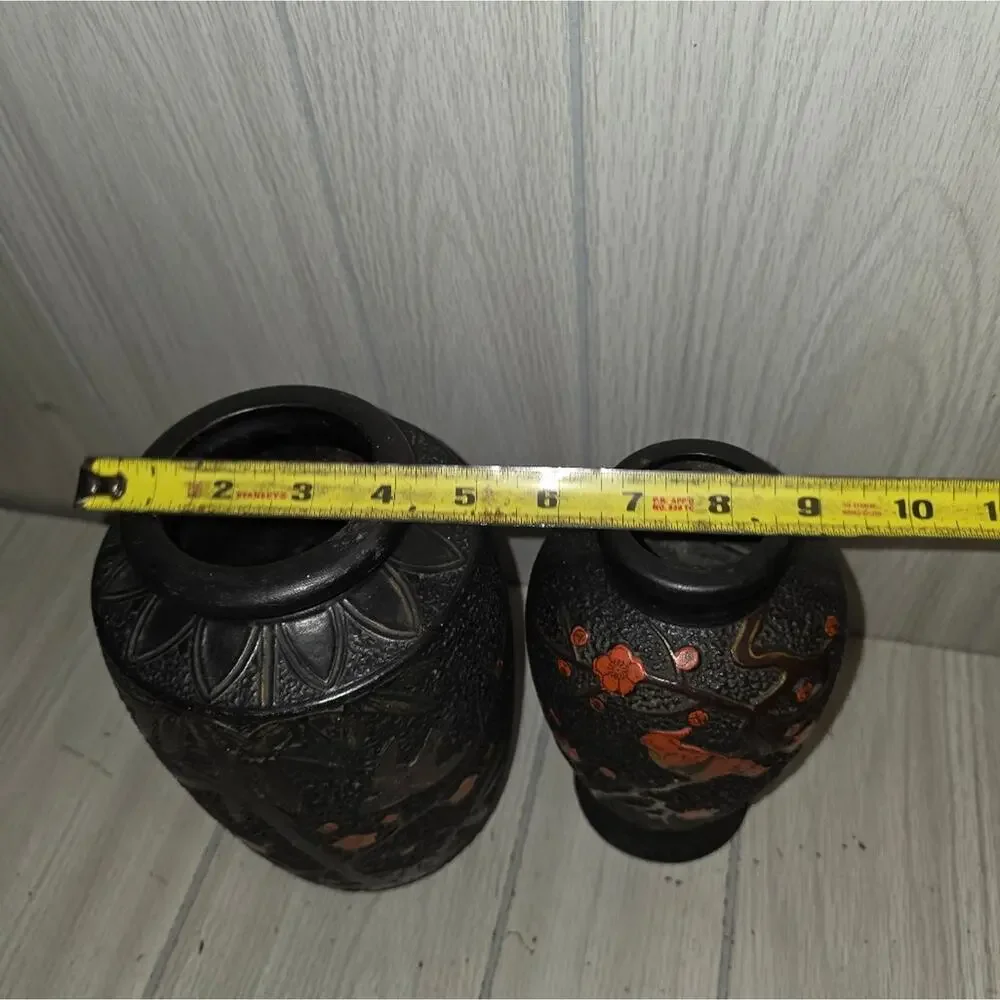 Vtg Early 20th Cetury Japanese Vases Tokanabe Ware Black Pottery Birds Japan